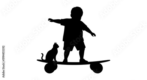Silhouette of a young child skateboarding with a cat companion.
