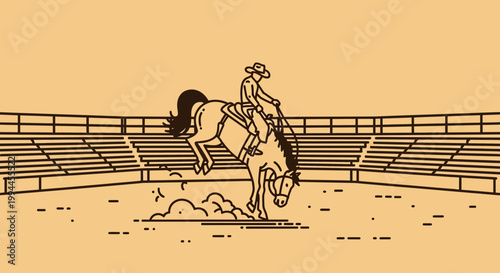 Cowboy riding a bucking bronco horse in a rodeo arena illustration