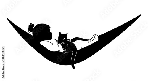 Silhouette of a Young Girl Relaxing with Her Cat in a Hammock.