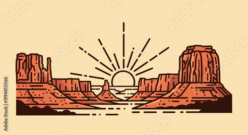 Stylized Sunrise Over Desert Canyon Mesa Landscape
