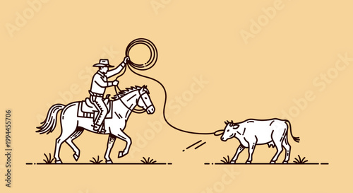 Cowboy on Horse Roping a Calf in Minimalist Line Art Style