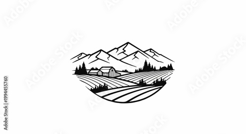 Rustic barn and fields below towering mountain range, rendered in black outline