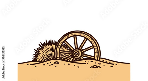 Vintage wooden wagon wheel partially buried in desert sand