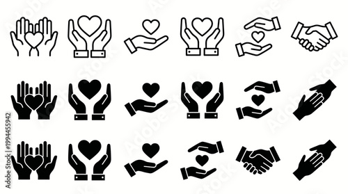 Charity and donation icon set. Aids icons. Charity hands icon. Giving hand sign. Helping hand symbol. Vector stock illustration flat and outline style design resource for button and website.