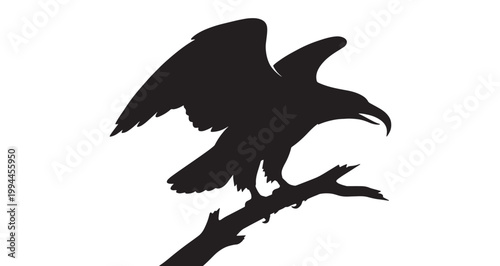 Saber Beak Eagle Silhouette vector silhouette illustration of a fierce raven bird with spread wings perched on a bare tree branch with its beak open in a sharp, dramatic pose.