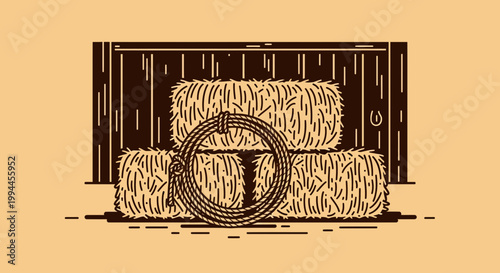 Cowboy Lasso and Hay Bales in Front of Wooden Barn Door