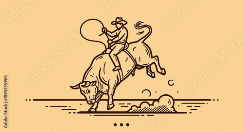 Vintage Style Cowboy Riding a Bucking Bull in a Rodeo