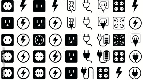 Electric power plug icon set. Electricity wire cord socket sign. Electrical symbol element. Vector stock illustration. Thunder bolt lightning icons set.