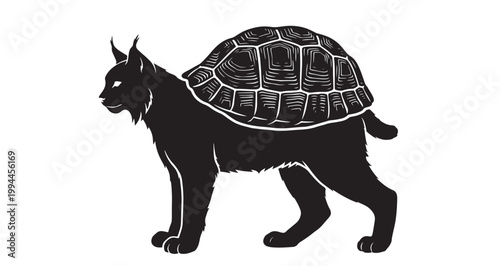 Shell Back Lynx Silhouette vector illustration graphic design of a mythical creature merging a lynx with a tortoise on a white background, symbolizing hybridity and dual natures.