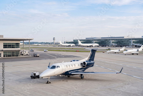 Private business jet parked on airport ramp with ground support equipment and terminal
