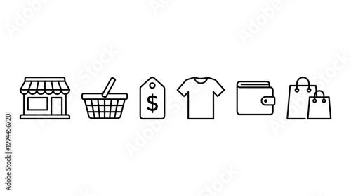 Collection of black and white shopping icons representing retail commerce and consumerism concepts