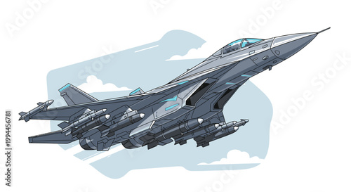 Modern fighter jet ascending through cloudy sky vector illustration