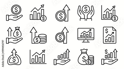 Financial growth and investment icons a comprehensive set depicting economic prosperity and monetary success