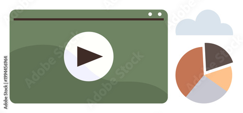 Digital content creation, video marketing, online education, media trends, data analytics, cloud storage. Green video interface with play button and pie chart. Video marketing and cloud storage