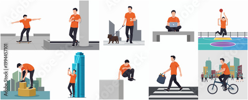 Modern Flat Design Man Enjoying Diverse Outdoor Leisure Activities Summer Hobbies Set Illustration Pack