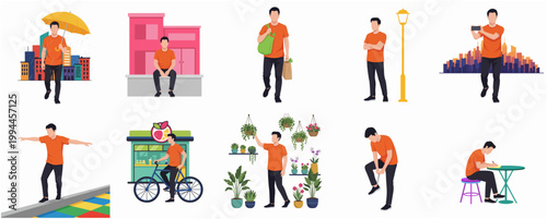 Everyday Flat Illustration of Man Engaged in Various Domestic Chores and Personal Hobbies Collection