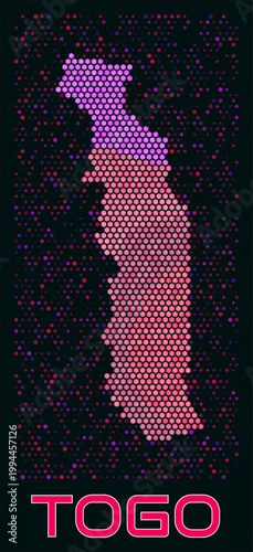 Togo digital style hexagon map. Vibrant magenta purple pink neon dotted shape. Country tiny bright hexagon cells. Togo honeycomb map design. Creative Vector Illustration.