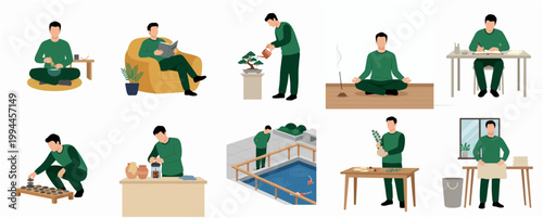 Flat Design Simple Illustration Man Performing Diverse Daily Activities Hobbies and Leisure Concept Set
