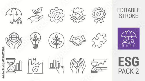 Esg pack 2 environmental social and governance line icons collection for sustainable business concepts