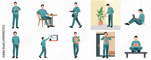 Modern Flat Illustration Set of Young Man Engaging in Various Urban City Life Activities