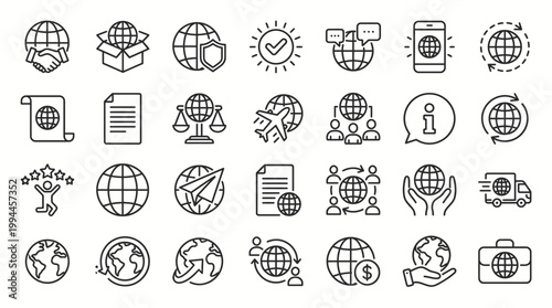 Global law, translate language, Outsource business. World business line icons. International organization, financial transactions, world map icons. Delivery service, global outsource. Vector