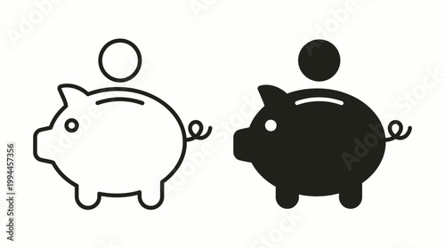 Piggy bank icon. Piggybank with falling coins. Baby pig piggy bank. Pig silhouette. Financial independence. Money box symbol flat style stock vector.