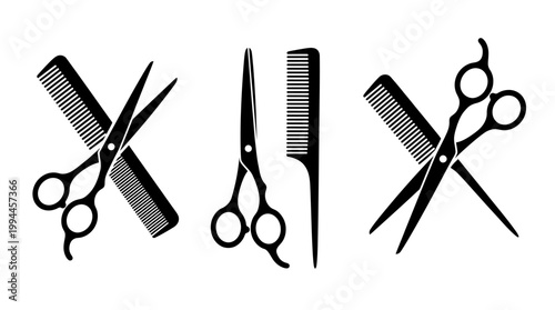 Black and white illustration of barber tools scissors and combs arrangement