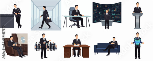 Modern Flat Minimalist Illustration Set of Man Performing Various Daily Life Activities and Business Tasks