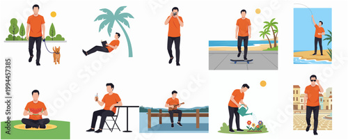 Simple Flat Illustration Set of Man Performing Various Daily Home and Leisure Activities