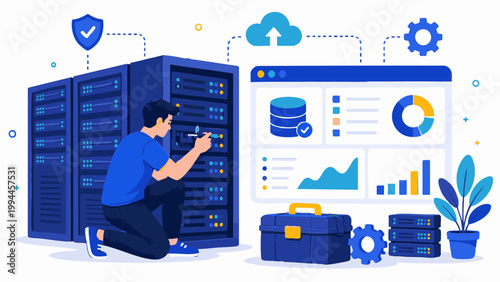 A man is working on a large server while sitting next to a briefcase and a plant.