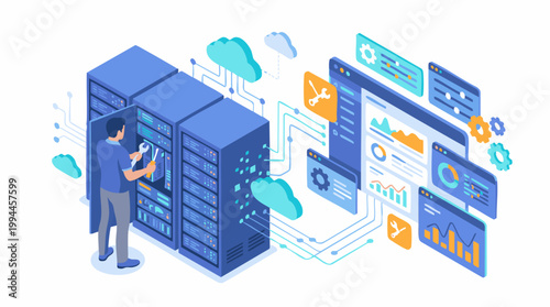 A man analyzes data on a computer server with various digital screens displaying graphs and charts around him in an office.