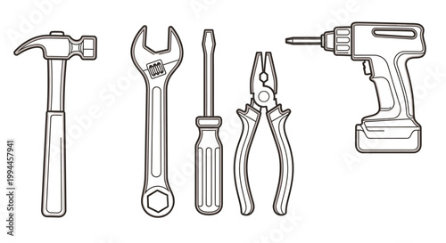 Collection of hand tools on white background for construction and repair