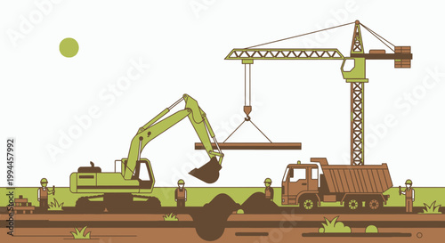 Construction site illustration with heavy machinery and workers at work
