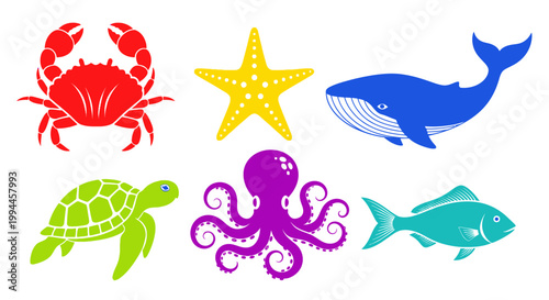 Colorful sea creatures crab starfish whale turtle octopus and fish