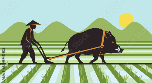 Farmer plowing field with boar under a sunny sky agricultural scene