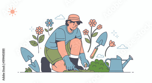 Gardener tending plants and flowers outdoors in line art illustration