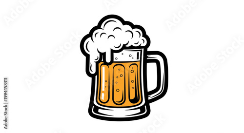 Beer mug illustration with overflowing foam on a white background