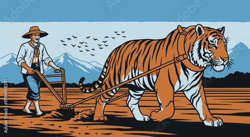 Man plowing field with tiger creative illustration agriculture farming concept