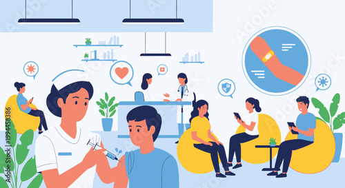 Medical illustration of vaccination process with healthcare professionals and patients