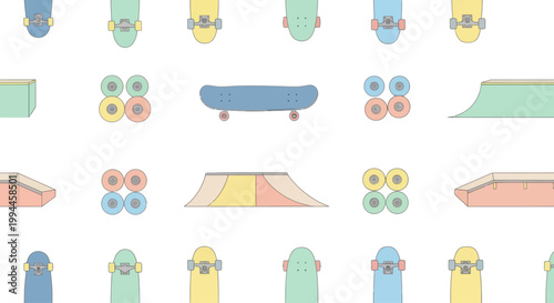 Skateboard and Ramp Pattern: Colorful Vector Illustration