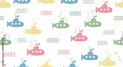 Cute Submarine Pattern with Waves, Playful Underwater Design for Kids