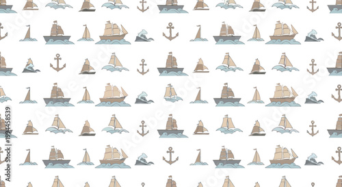 Nautical Pattern: Sailboats, Anchors, and Waves in Watercolor Style