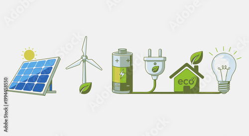 Renewable energy sources illustration solar panel wind turbine battery eco concept