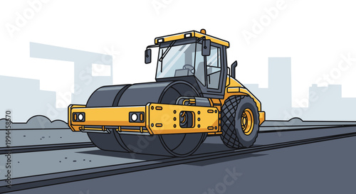 Road roller compacting asphalt construction site cartoon illustration