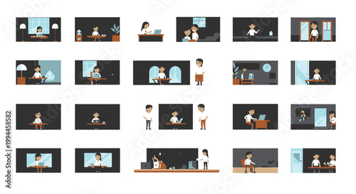 People working on computer at home and office scenes in vector illustrations