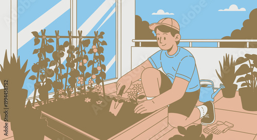 Young gardener tending plants on balcony with blue sky background