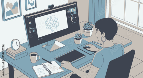Woman working on computer at desk with graphic design and drawing
