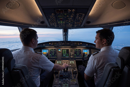 Two pilots in modern aircraft cockpit during flight at sunset