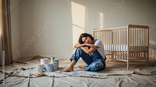 Pregnant Woman in Overalls Sitting on Floor in Nursery with Paint Cans and Crib