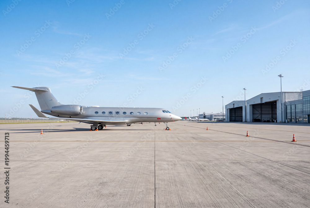 Fototapeta premium Silver private jet parked on airport apron near hangars in side view